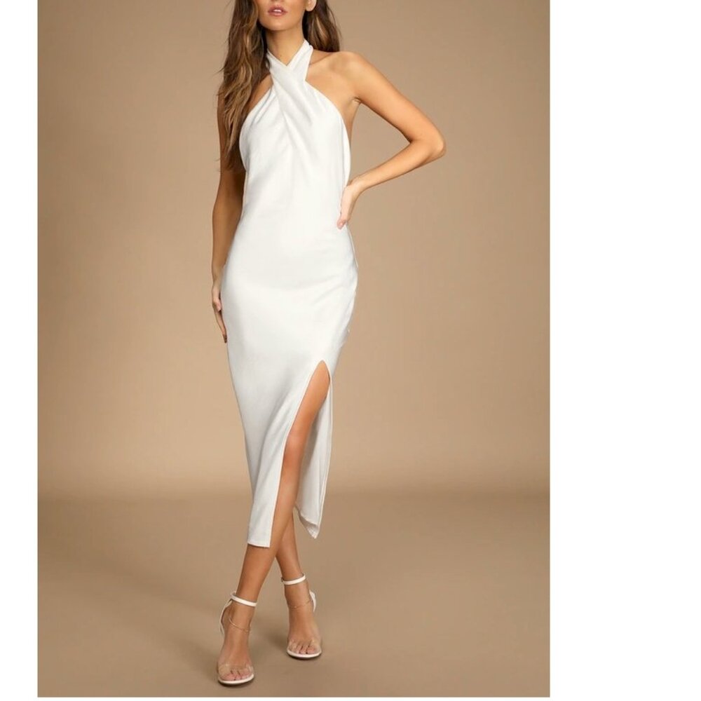 Lulus Beyond Classy White Satin Halter Midi Dress by Lulus Size Medium New NWT
